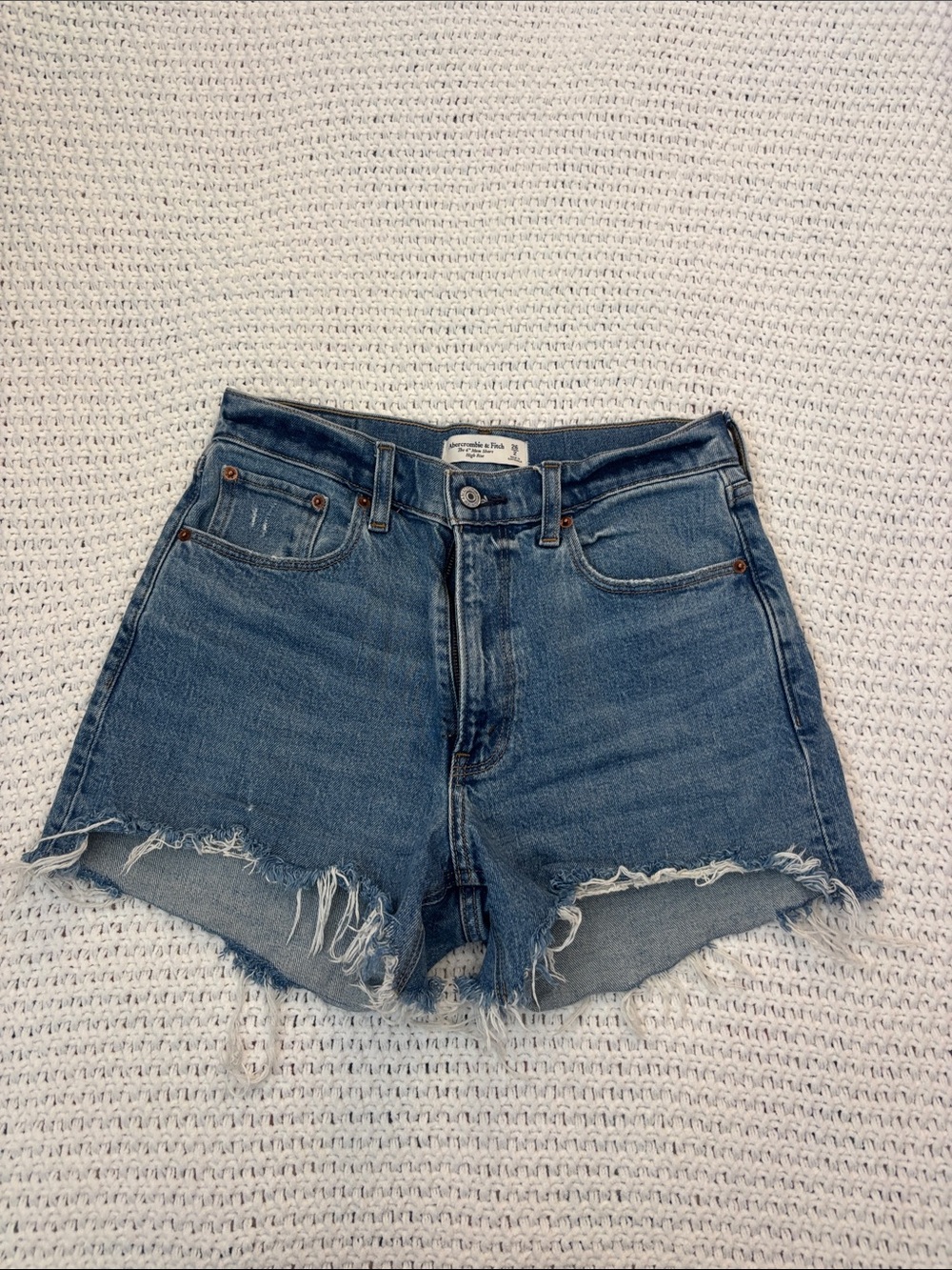 Abercrombie & Fitch 4” Mom Short High Rise Distressed Blue Denim Cutoff Shorts